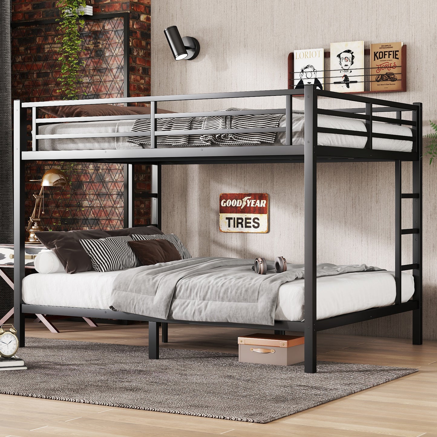 TREATLIFE HOME Space-Saving Metal Queen Over Queen Bunk Bed, Sturdy Design with Under-Bed Storage, Black for Teens and Adults