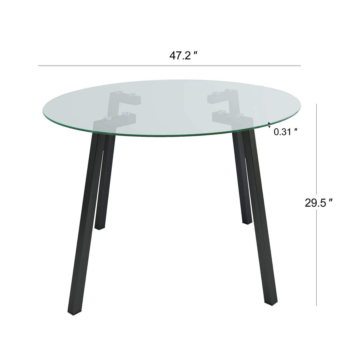 Round glass top dining table with black metal legs