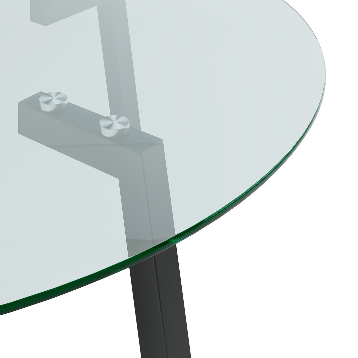 closeup of a round tempered glass tabletop with brushed nickel fasteners