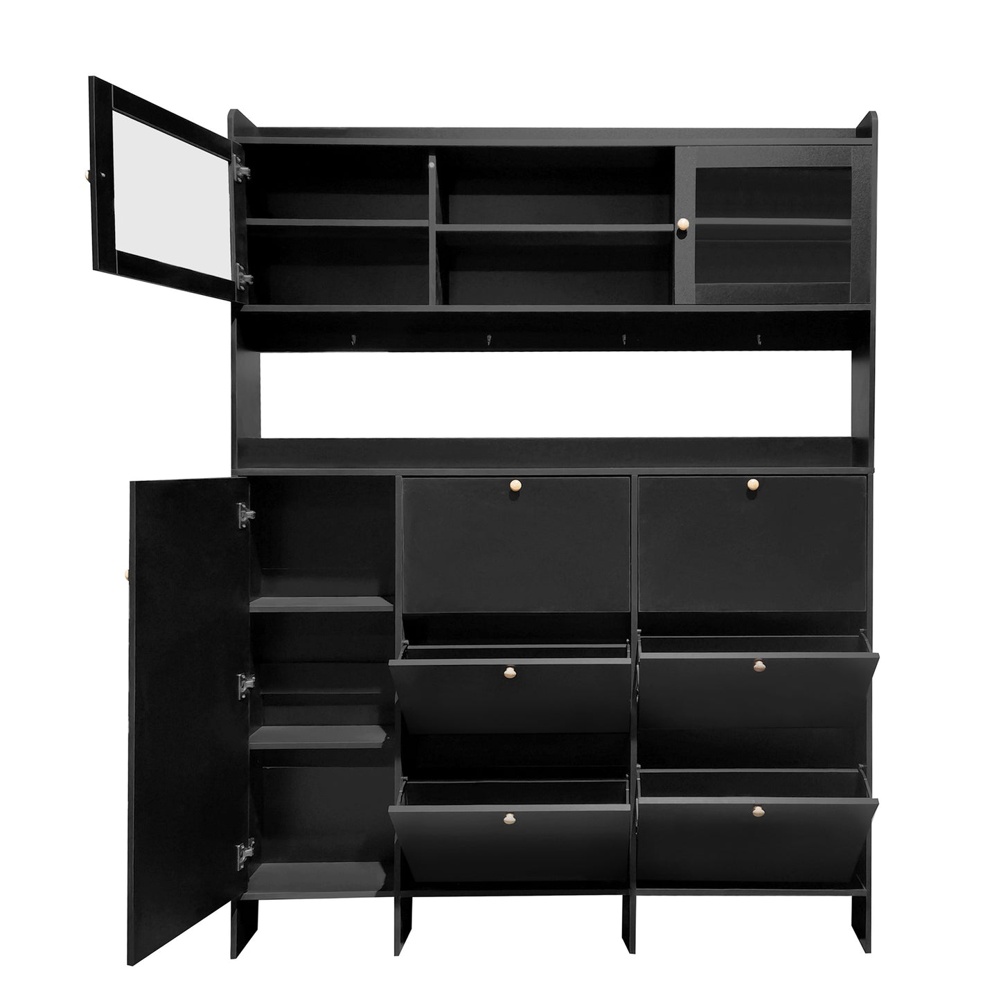 Black entryway organizer with multiple shelves and flipdown shoe compartments