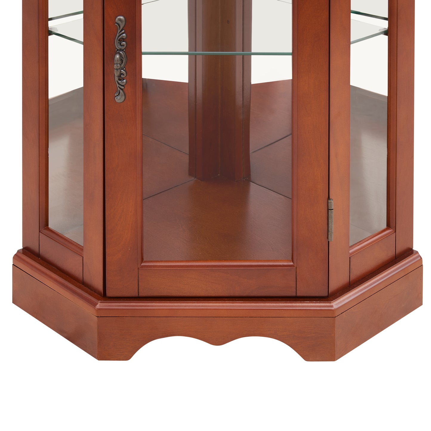 Cherry wood curio cabinet base with decorative metal handle and glass door