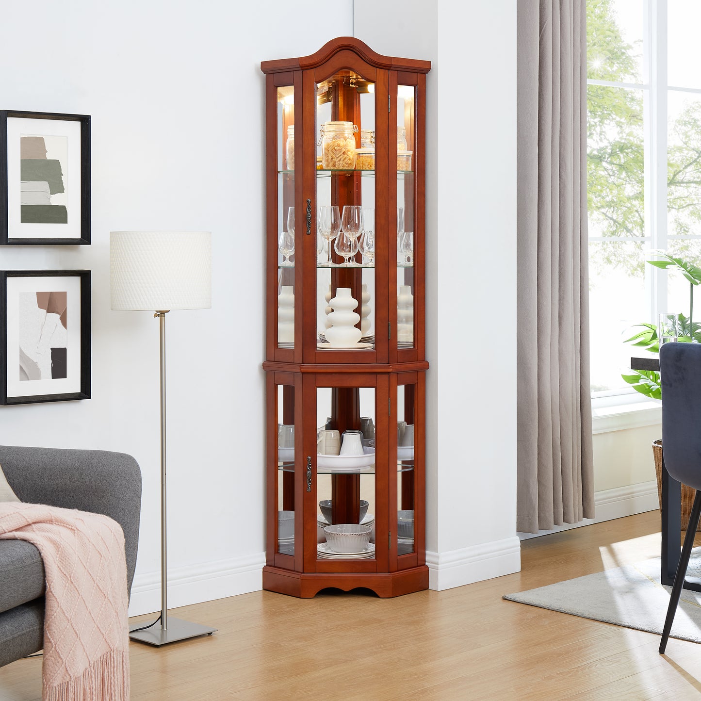 Elegant cherry wood corner display cabinet with glass doors and shelves