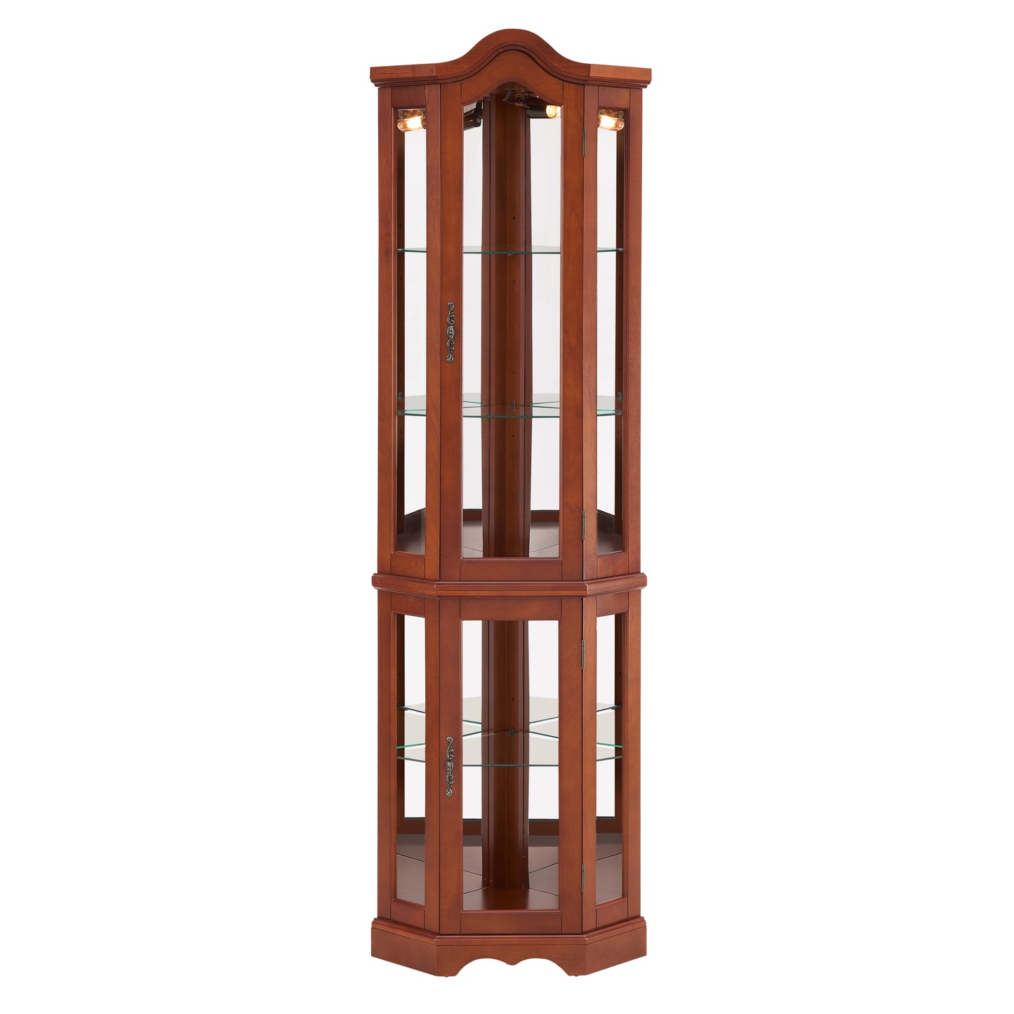 Cherry wood corner display cabinet with glass shelves and interior lighting
