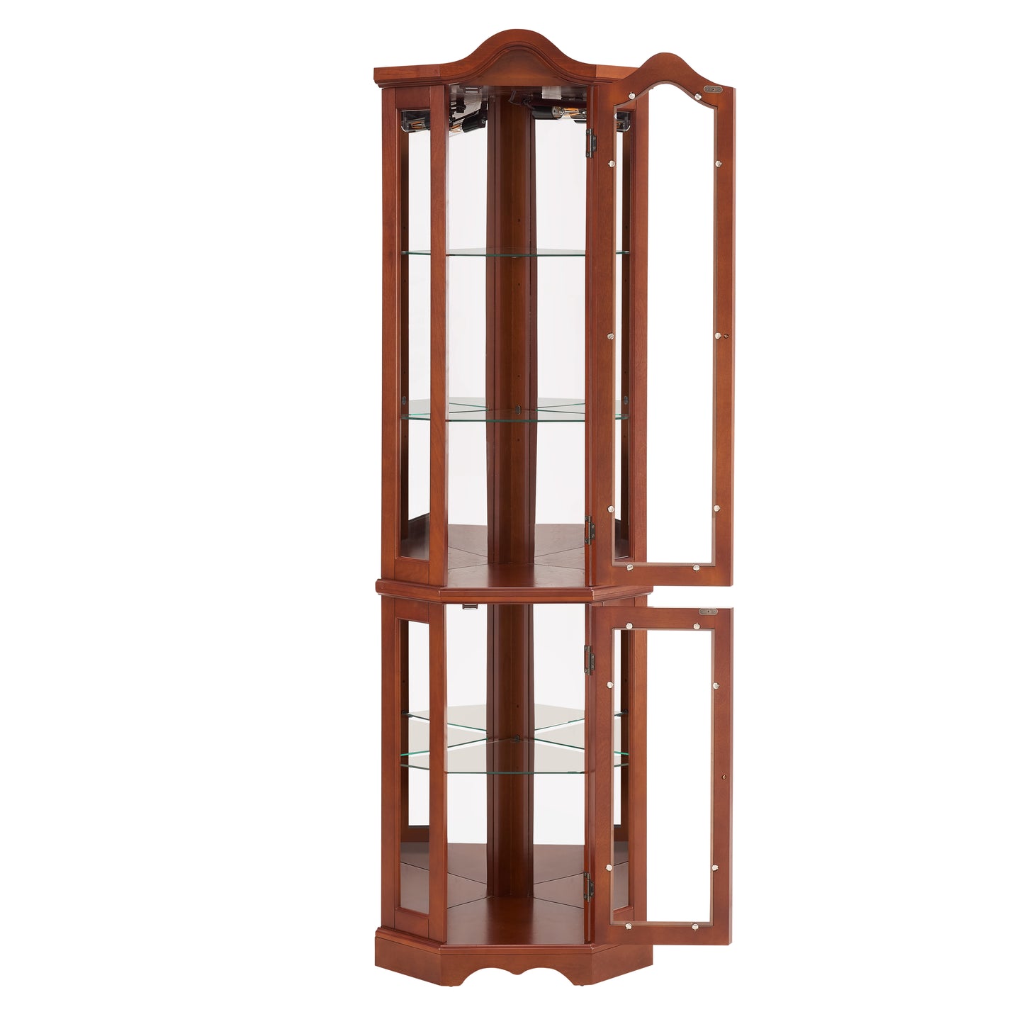 Glossy cherry wood corner curio cabinet with glass shelves and mirrored back