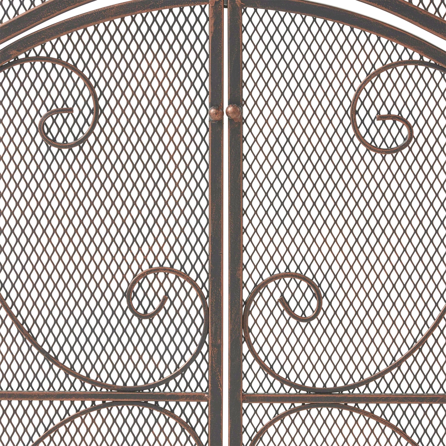 Ornate bronze garden gate with scrollwork and diamond mesh