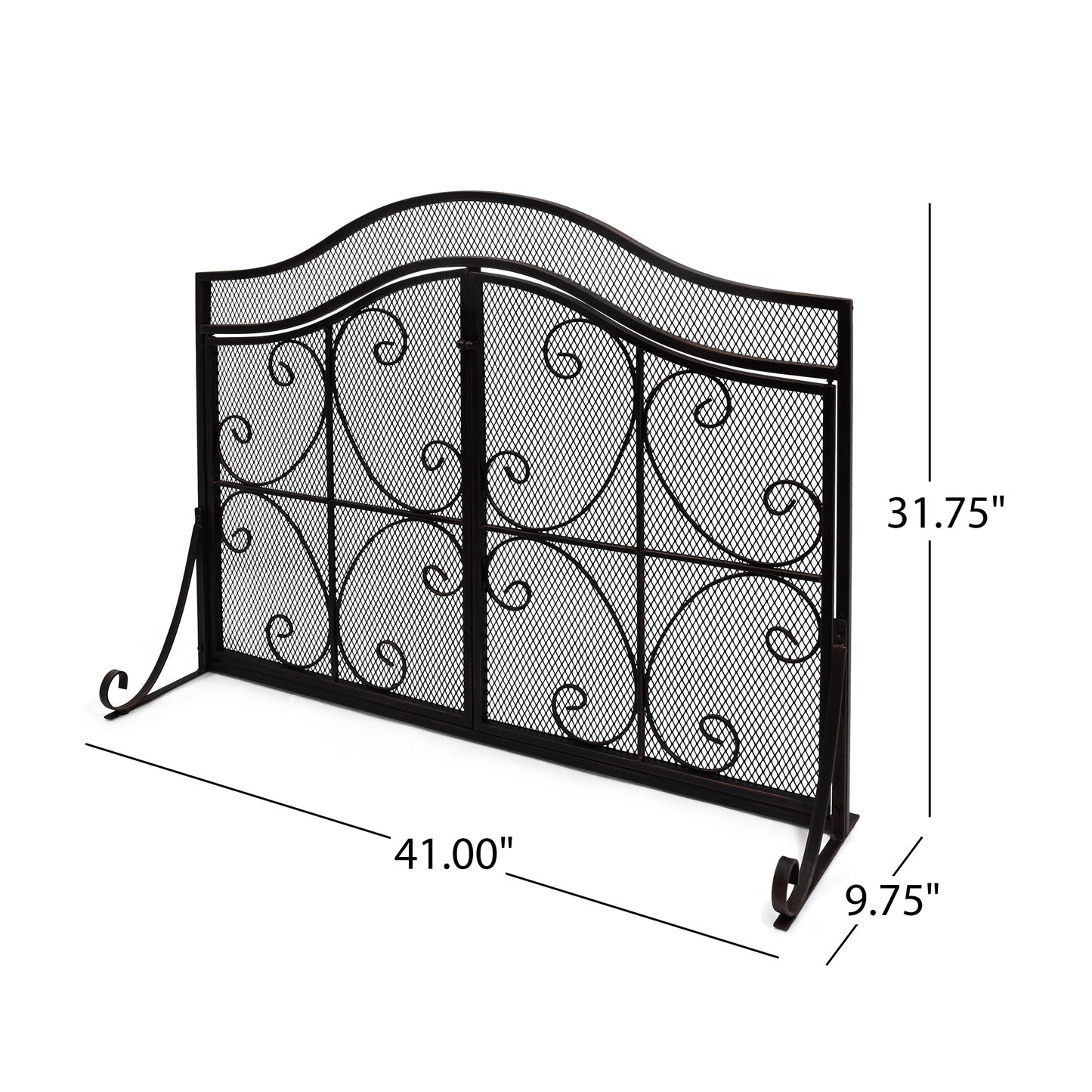 Black wrought iron fireplace screen with scrollwork