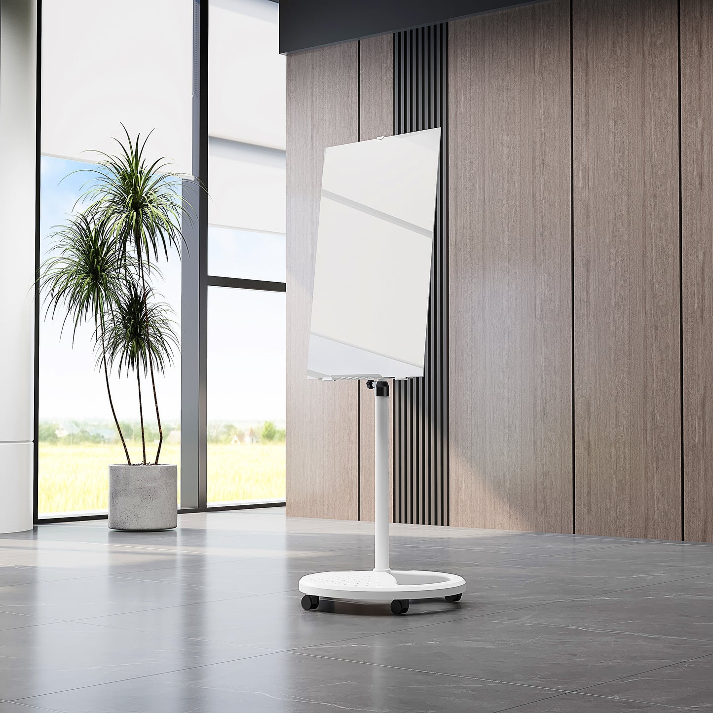 White mobile presentation board with sleek design and adjustable height
