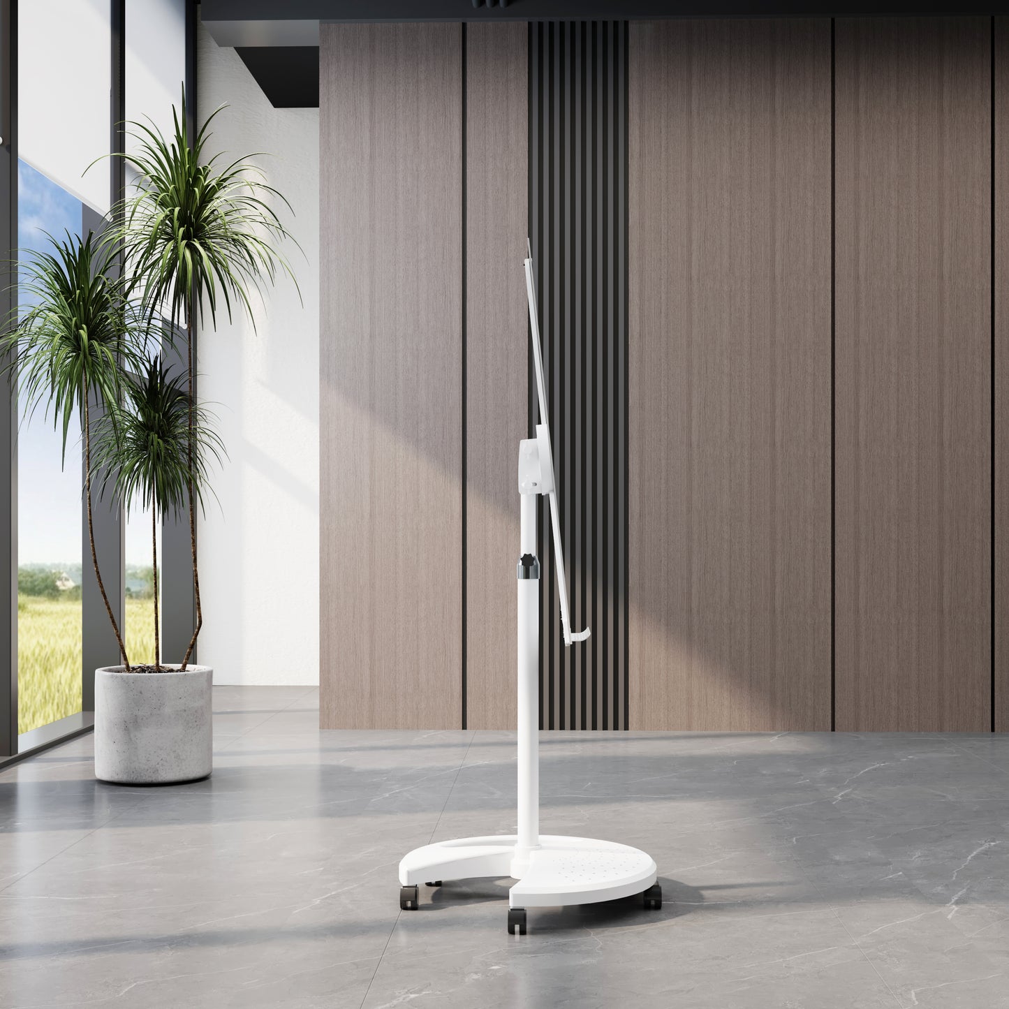 White adjustable height floor stand with a circular wheeled base