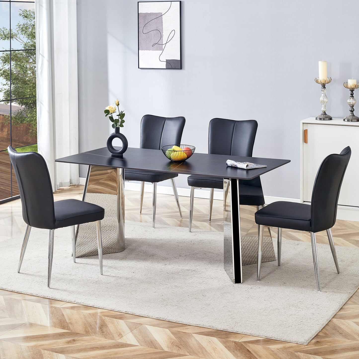 Black faux leather dining chair with chrome legs