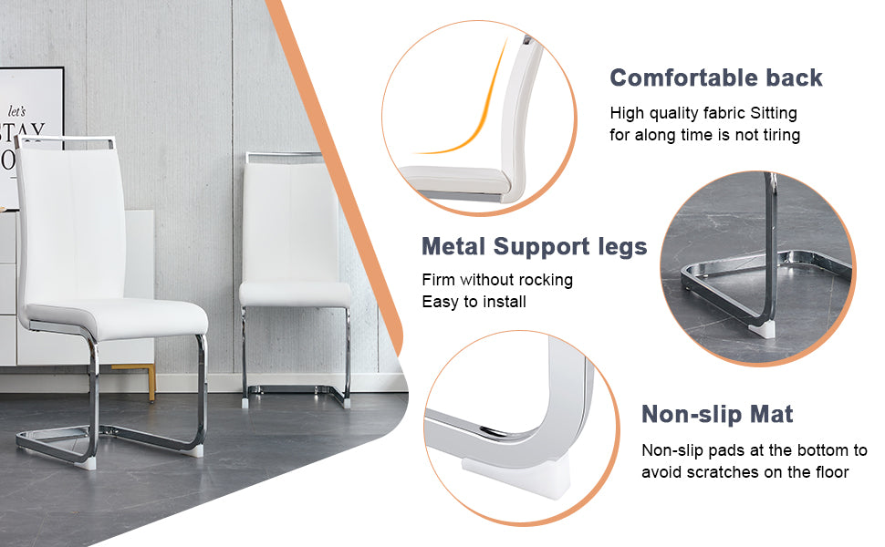 White faux leather dining chairs with chrome sled legs