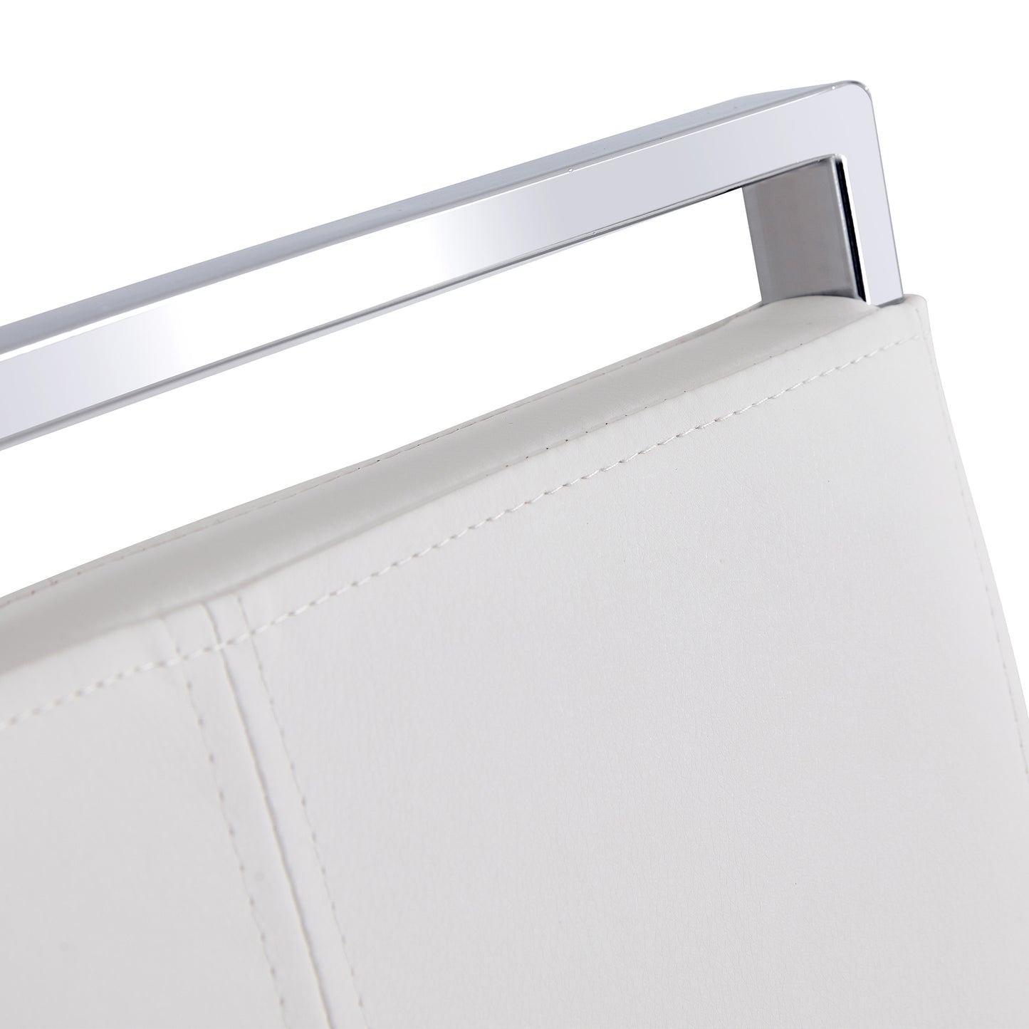 Closeup of white faux leather seat detail with chrome frame