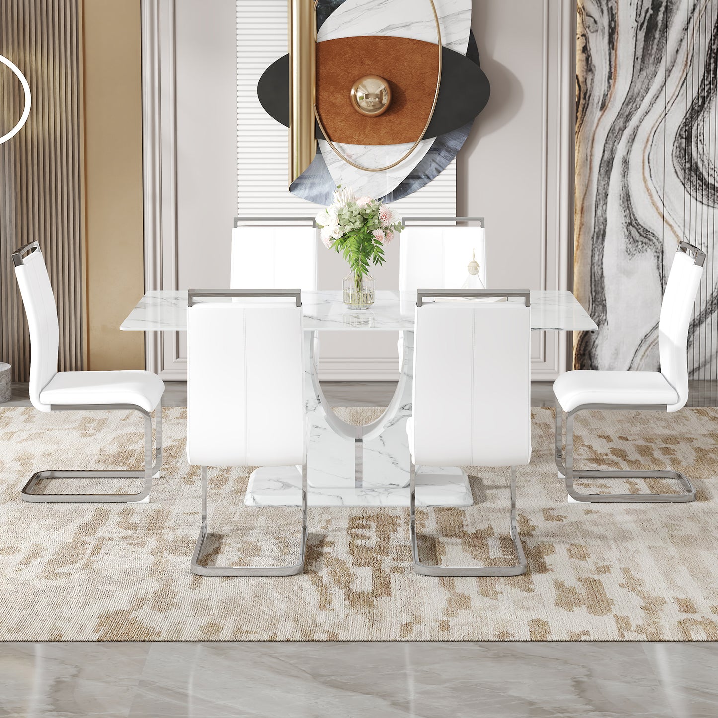 White faux leather dining chair with chrome sled base