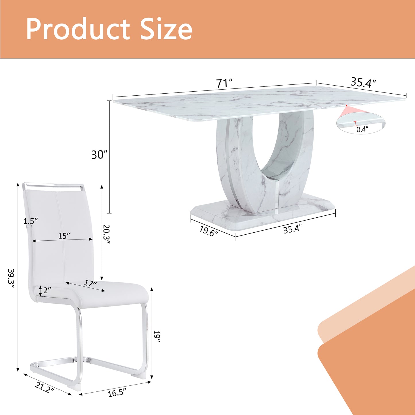 Marble dining table with white faux leather chair dimensions shown