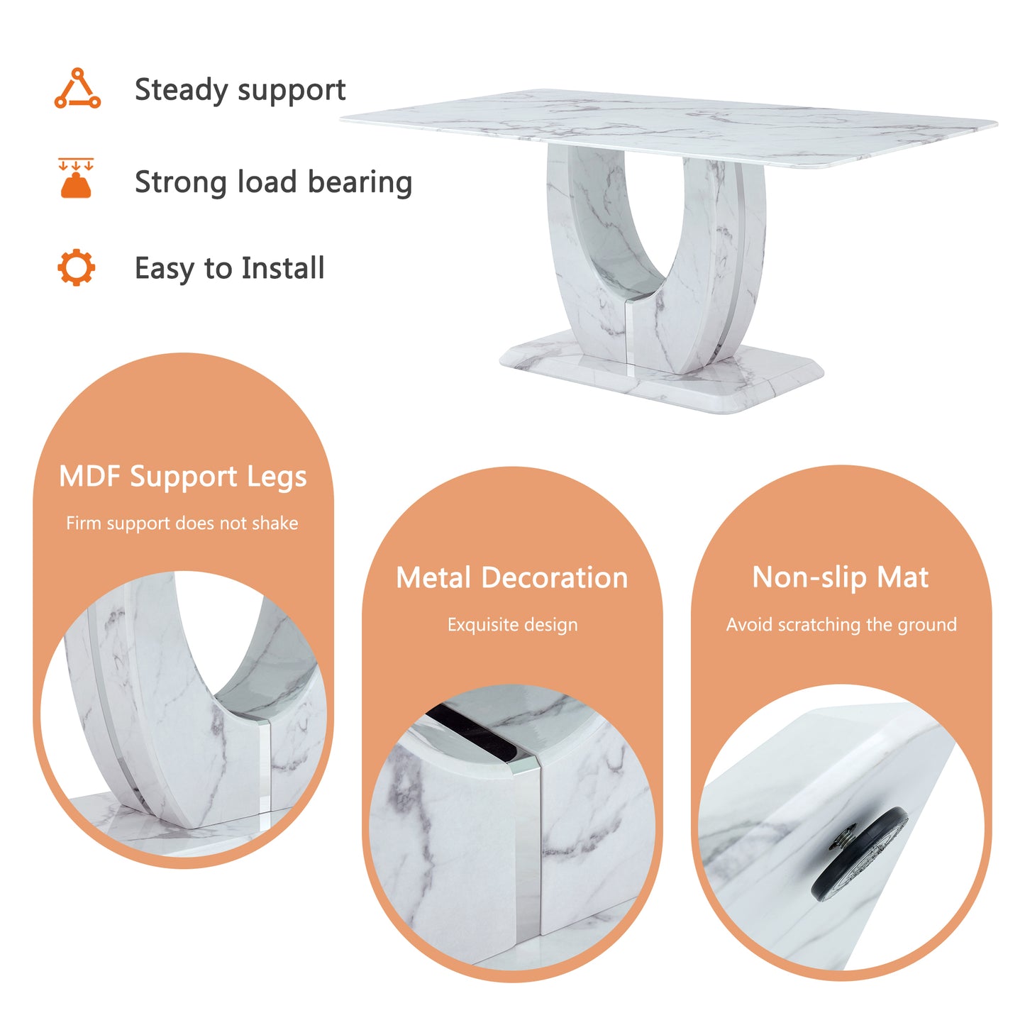 Marble pattern dining table with a Ushaped pedestal base