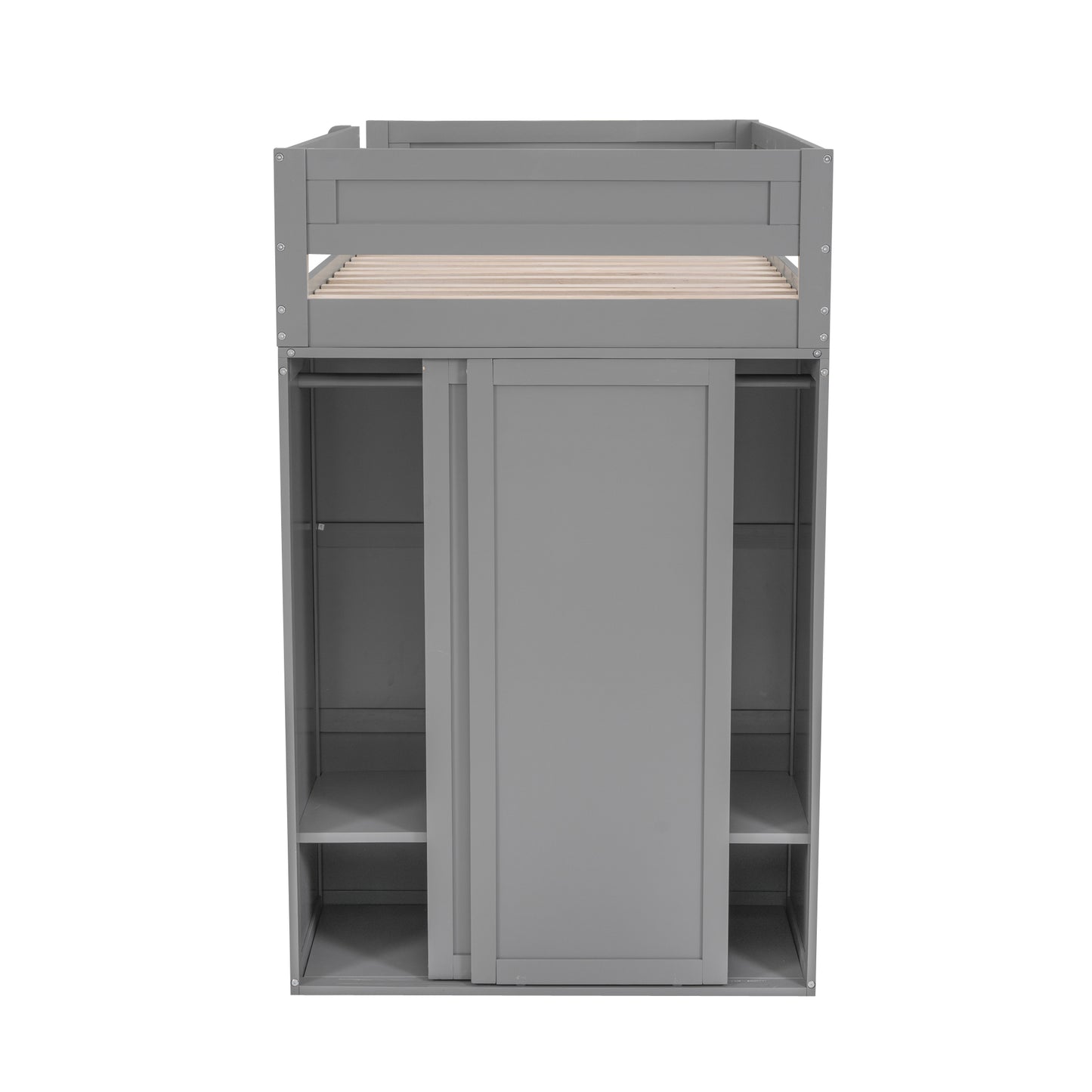 Gray loft bed with integrated wardrobe and sliding doors