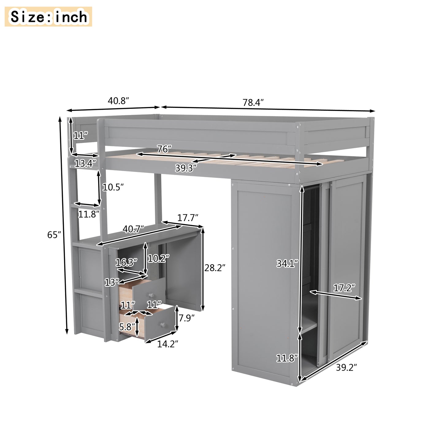 Gray loft bed with integrated desk and wardrobe