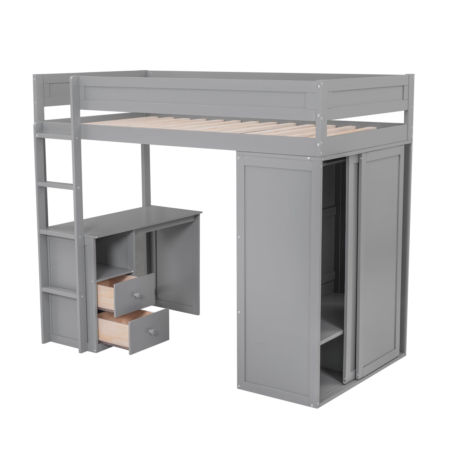 Gray loft bed with desk and builtin wardrobe