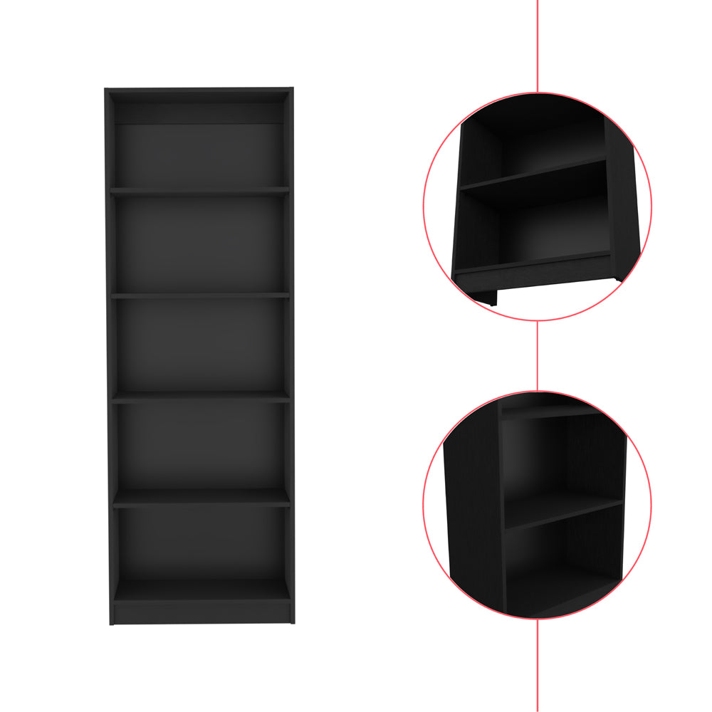 Tall black fiveshelf bookcase with a matte finish
