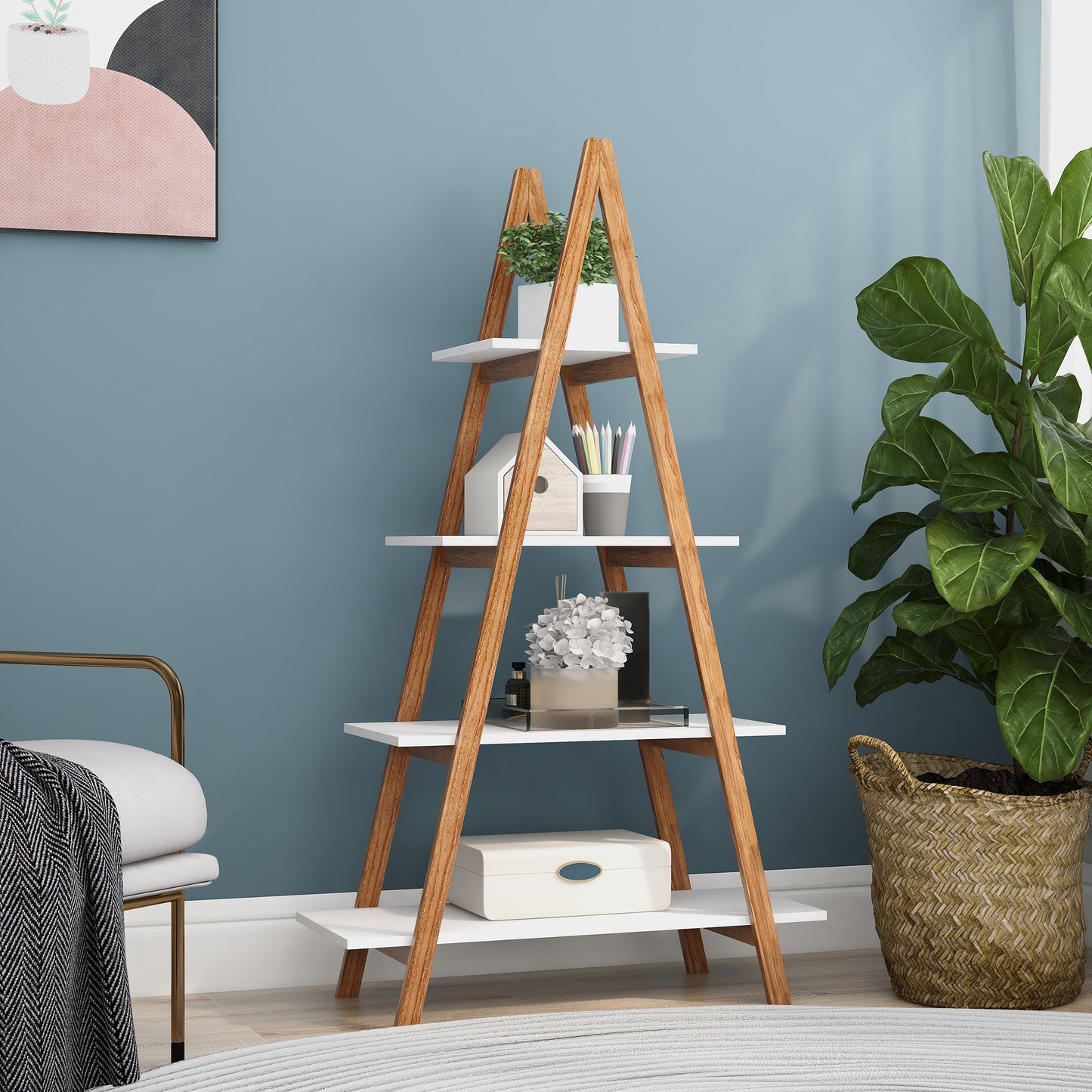 White and wood ladder shelf with plants and decor