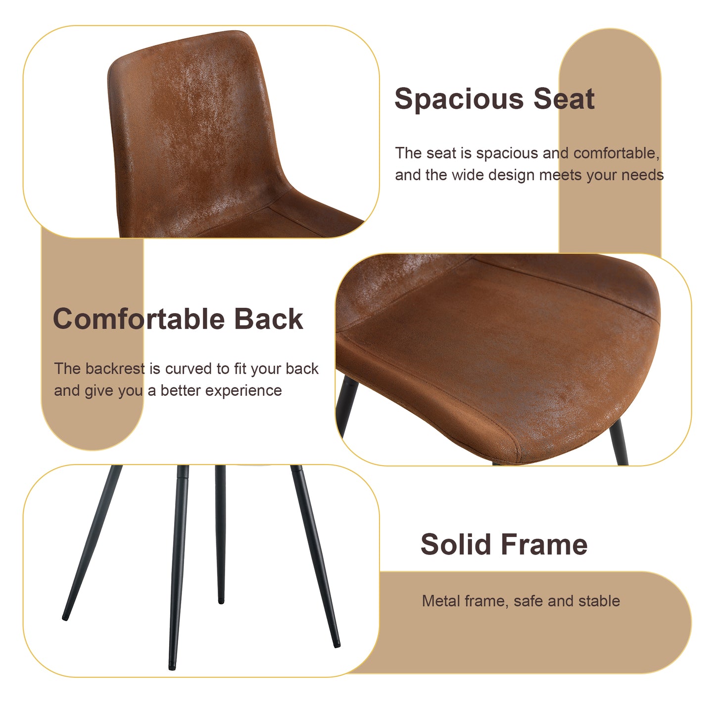 Brown faux leather dining chair with a curved backrest and metal legs