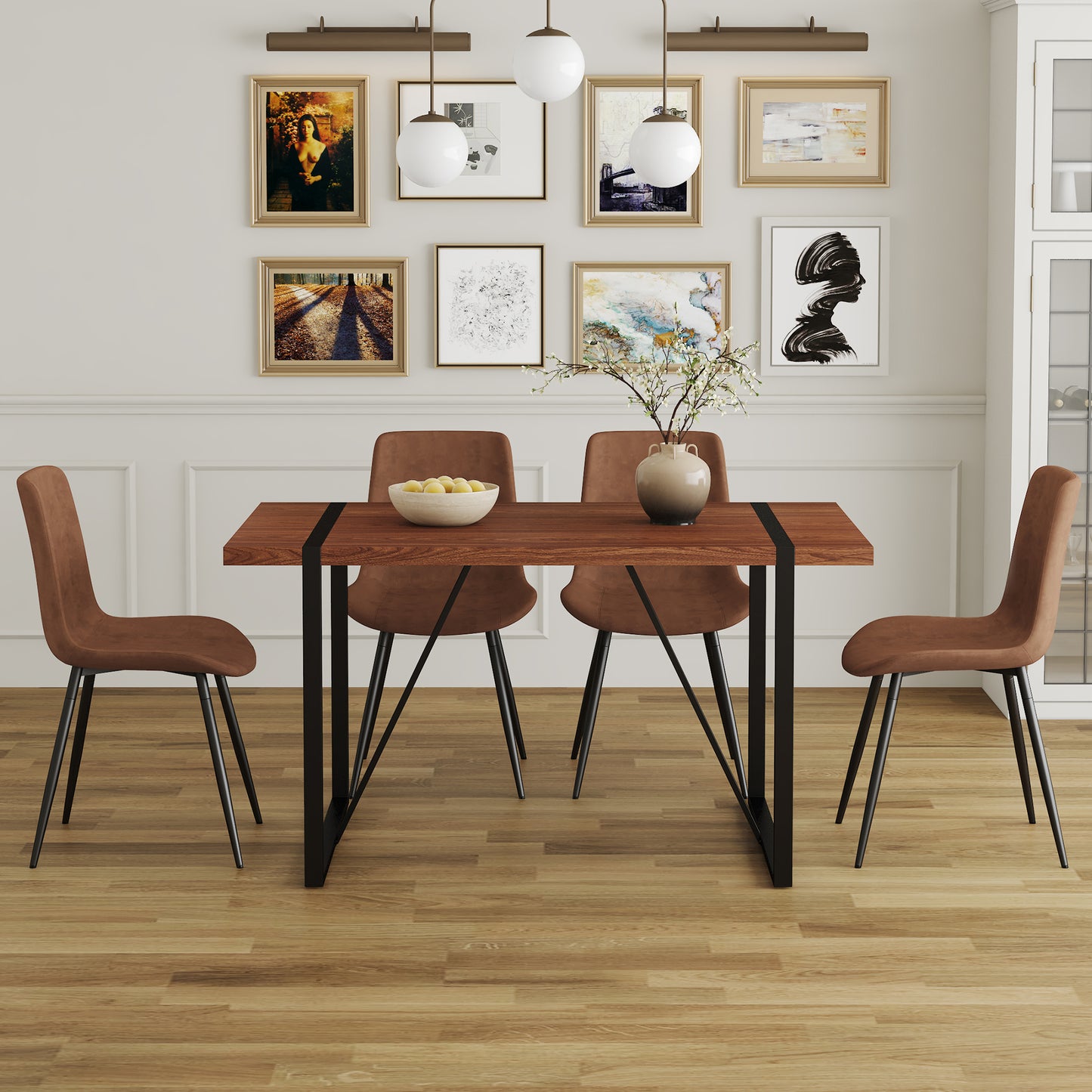 Brown upholstered dining chair with black metal legs