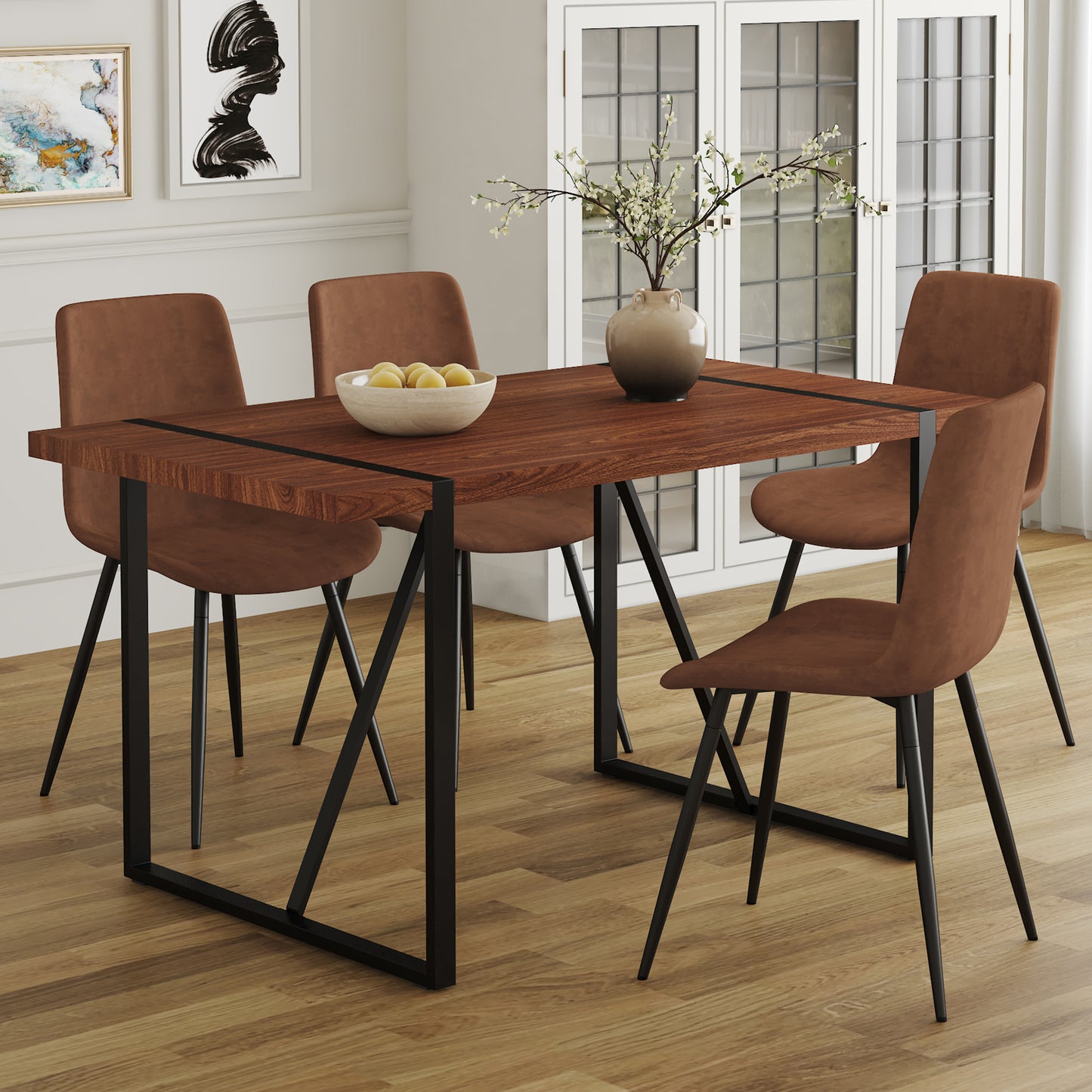 Modern dining table with rich walnut veneer top and black metal legs seating four