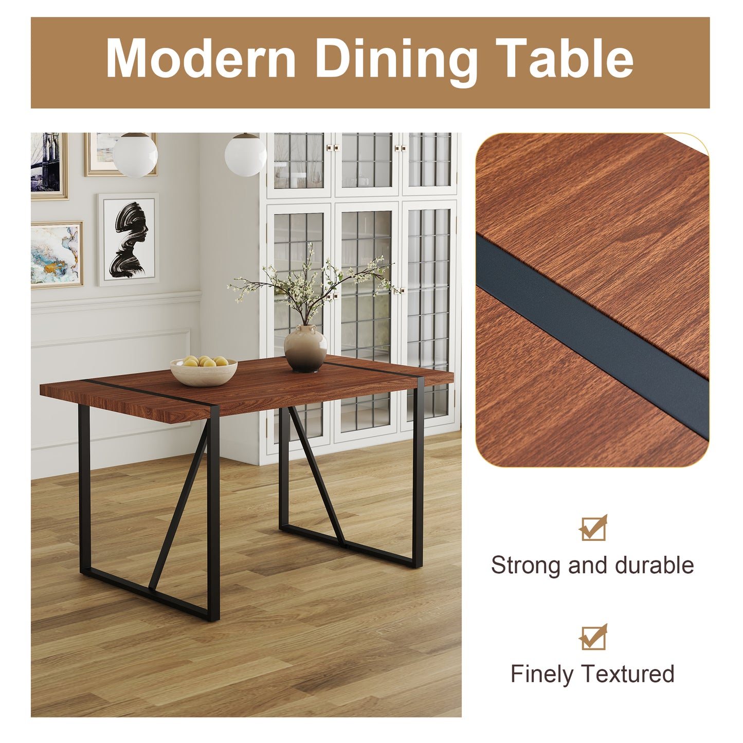 Rectangular wood dining table with black metal legs