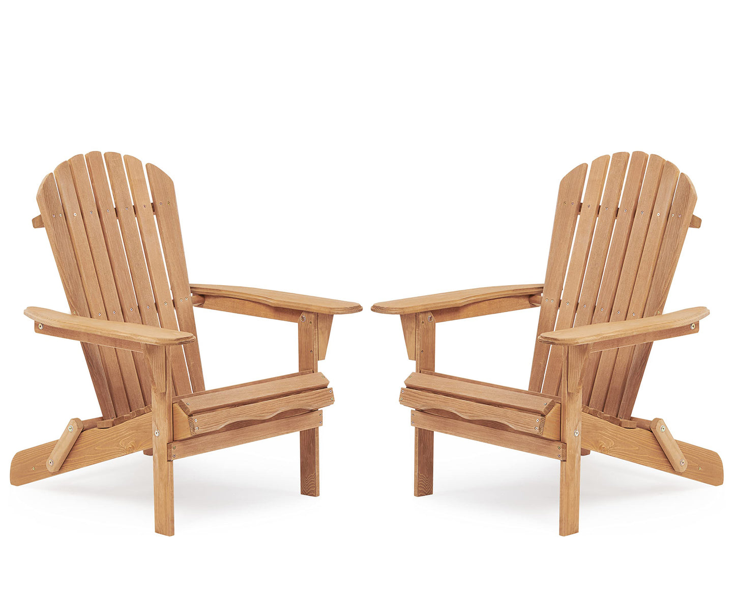 Two natural wood adirondack chairs are shown from the front perfect for outdoor relaxation