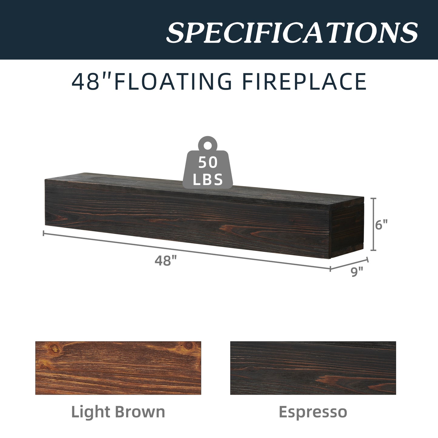 inch dark wood floating fireplace mantel