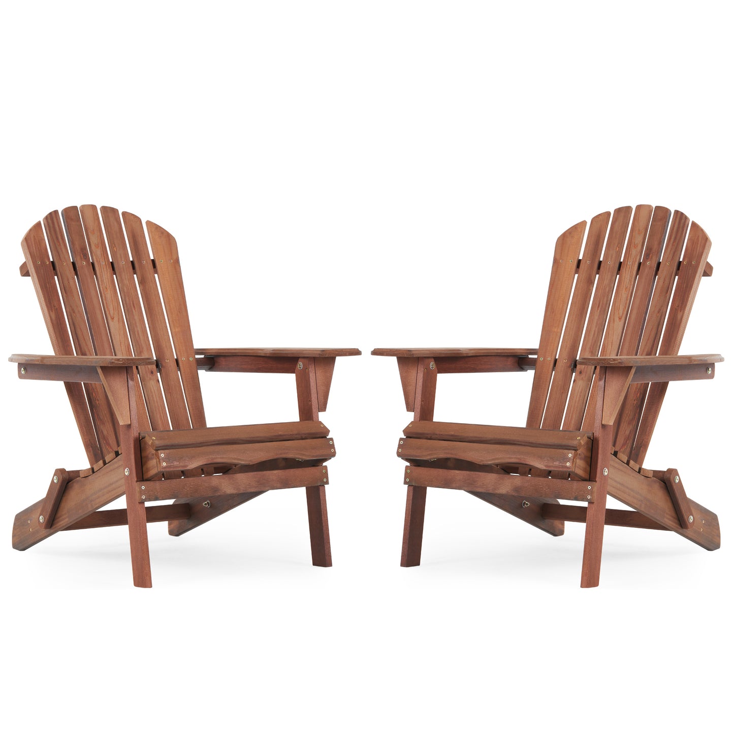 Pair of brown wooden adirondack chairs with wide armrests
