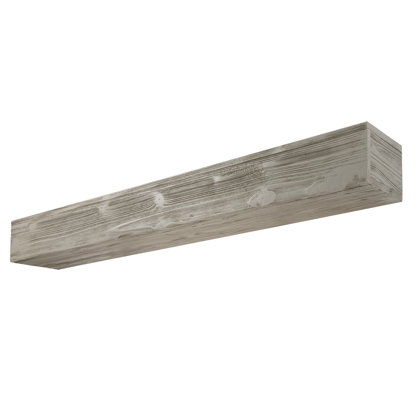 Rustic oak fireplace mantel with distressed gray finish