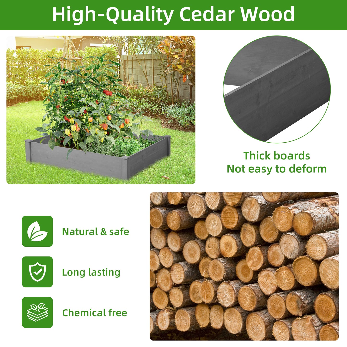 Gray cedar raised garden bed with healthy plants