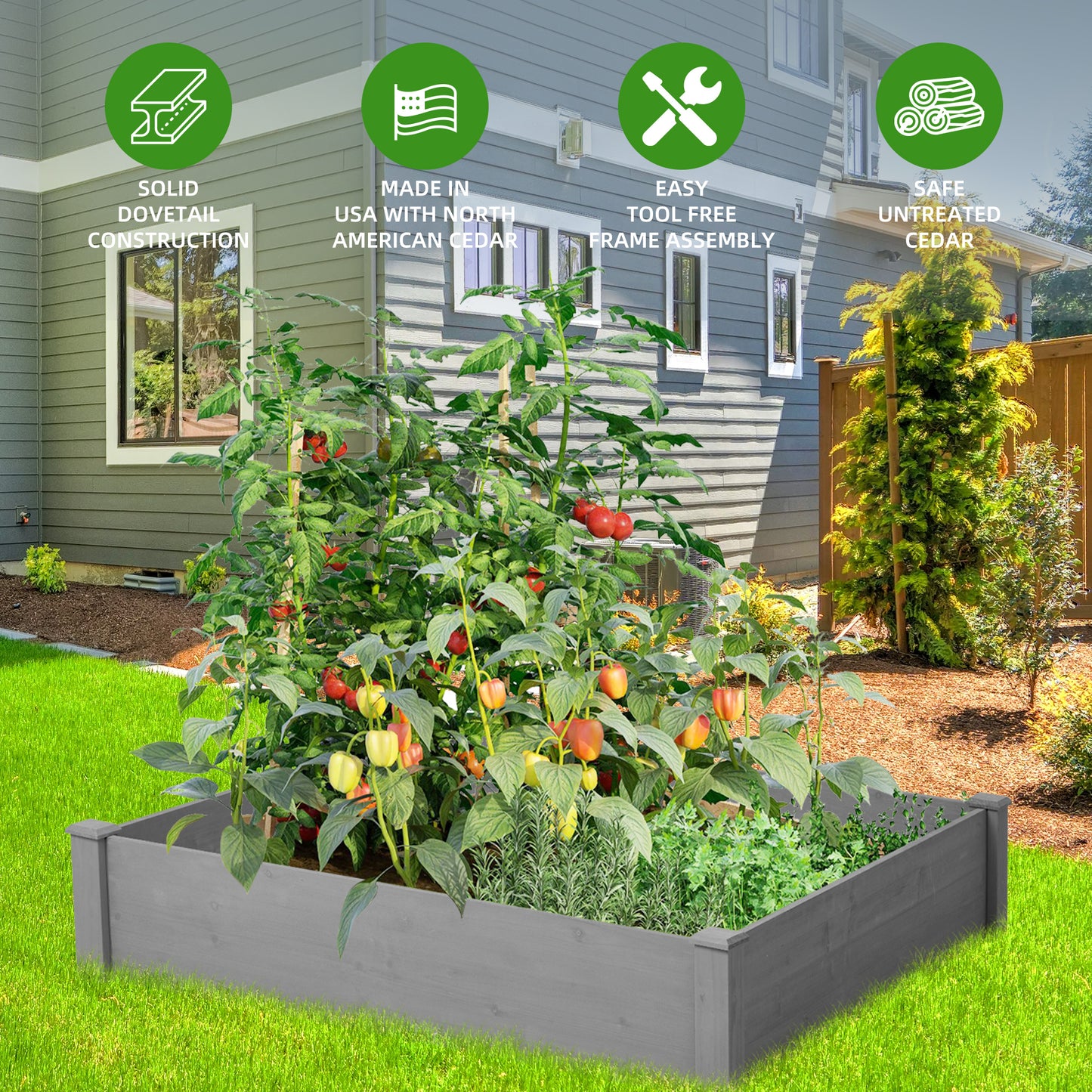 Grey wooden raised garden bed with lush tomato plants and peppers