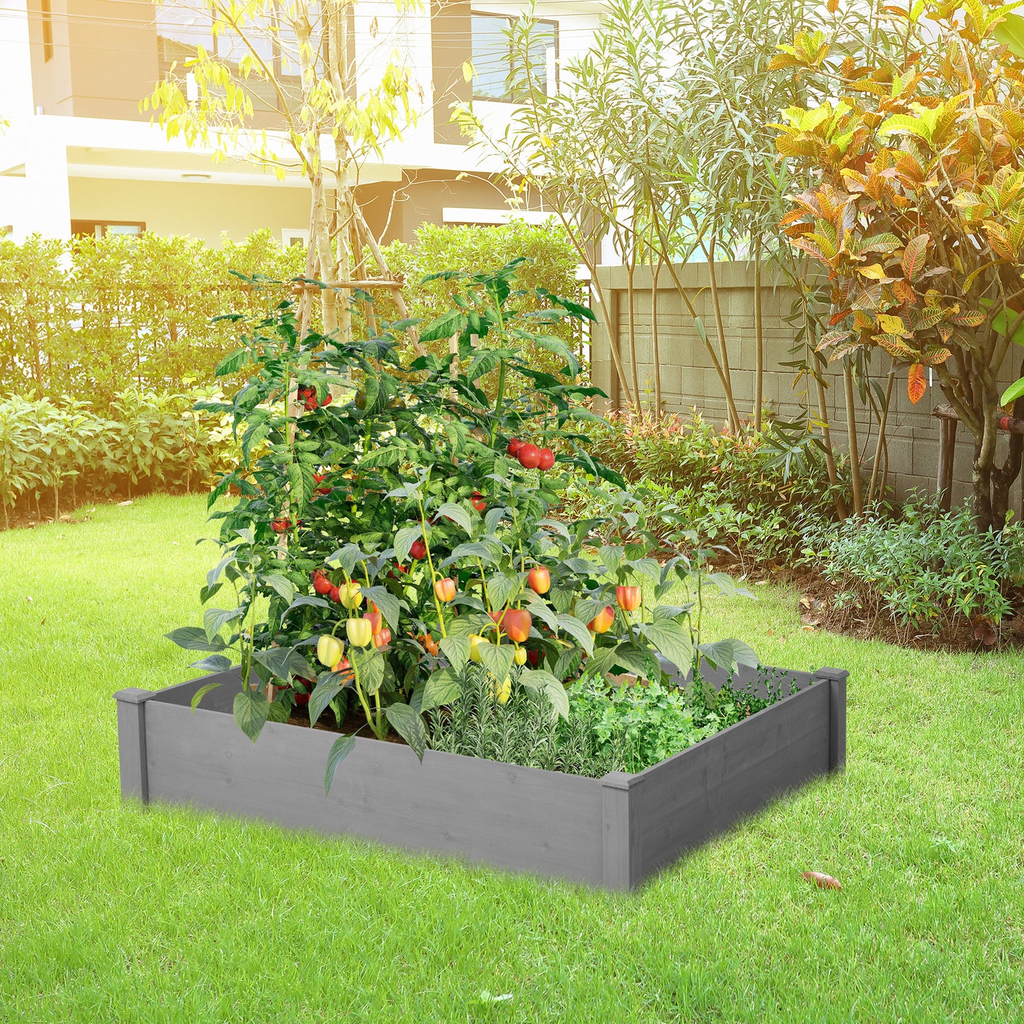 Gray wooden raised garden bed with thriving tomato and pepper plants
