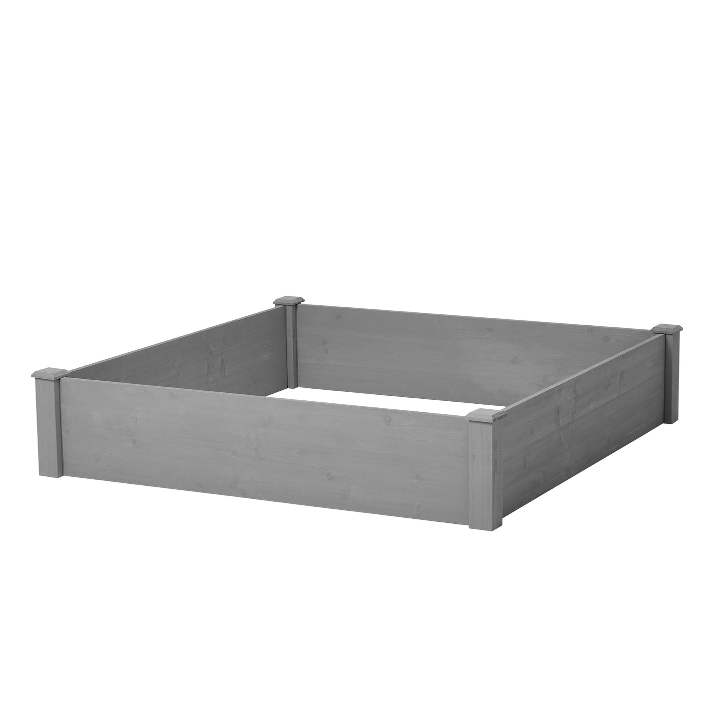 Gray wooden raised garden bed frame with corner posts