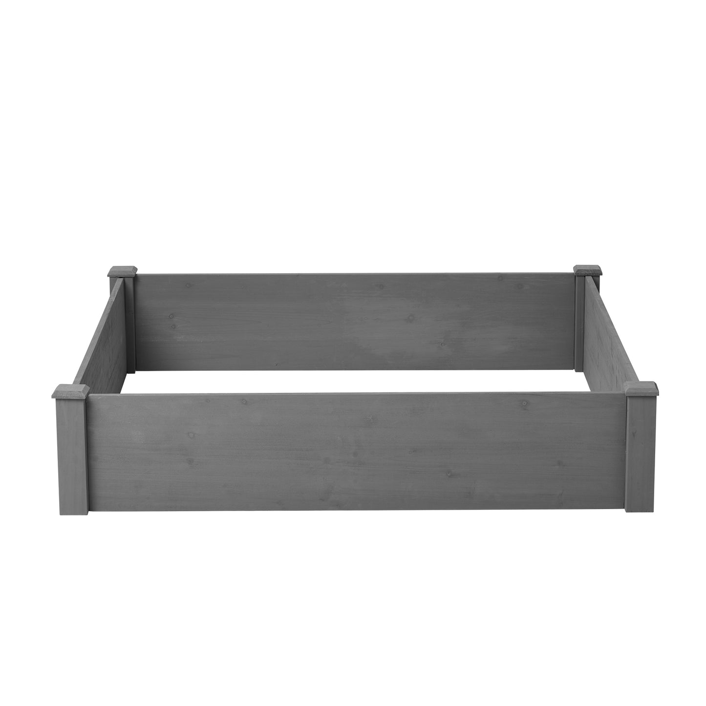 Gray wooden raised garden bed with corner posts