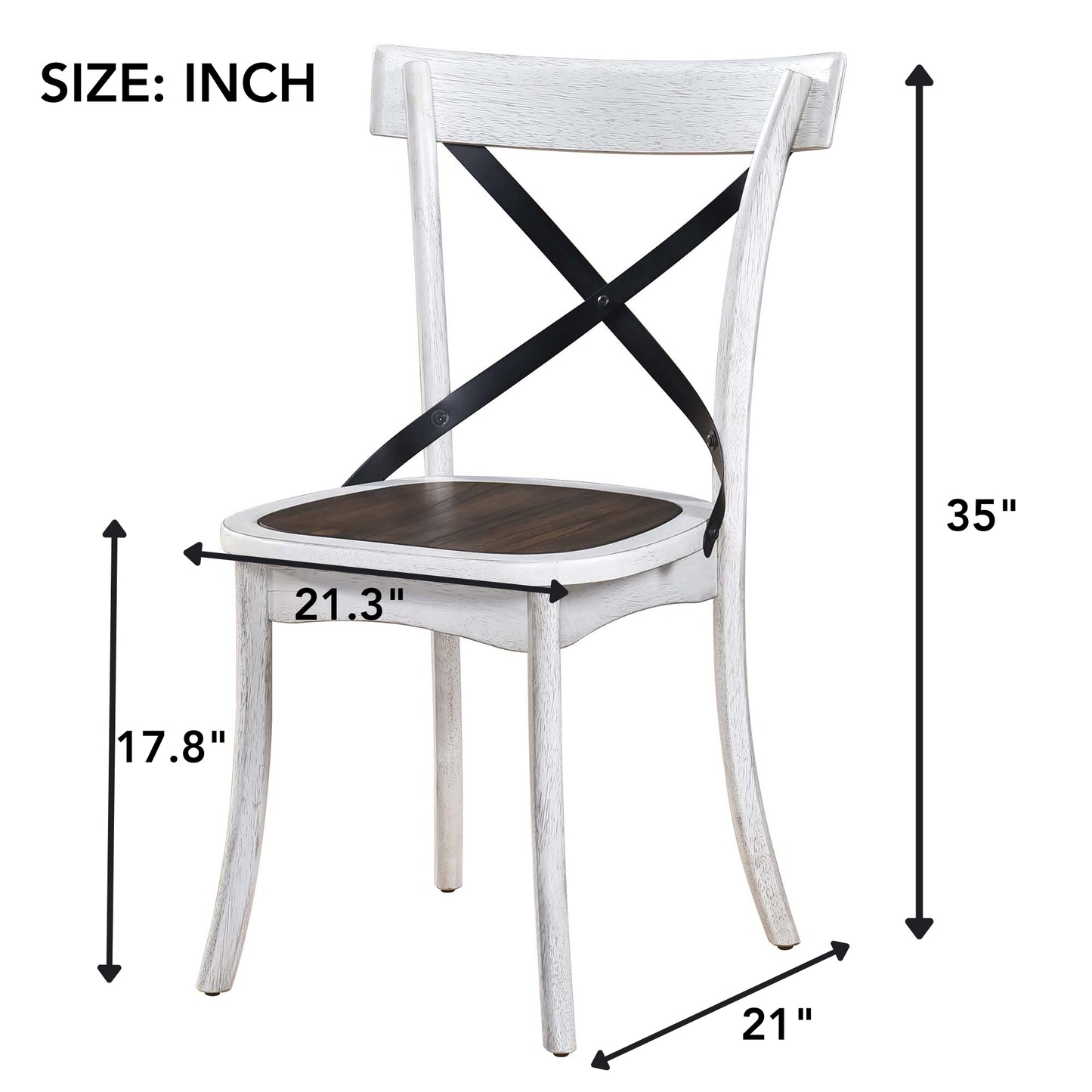 Distressed white wood dining chair with dark wooden seat and black Xback accent