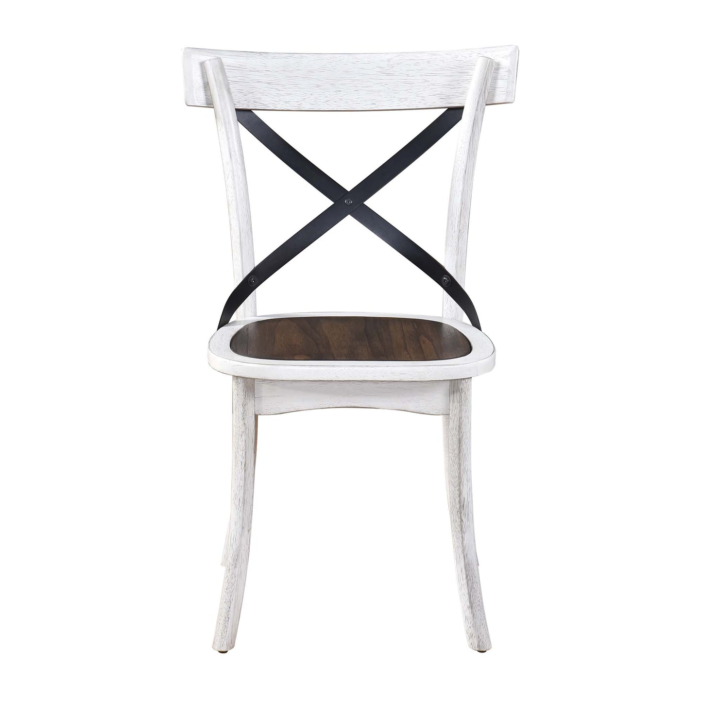 White wooden dining chair with dark wood seat and black Xback accent
