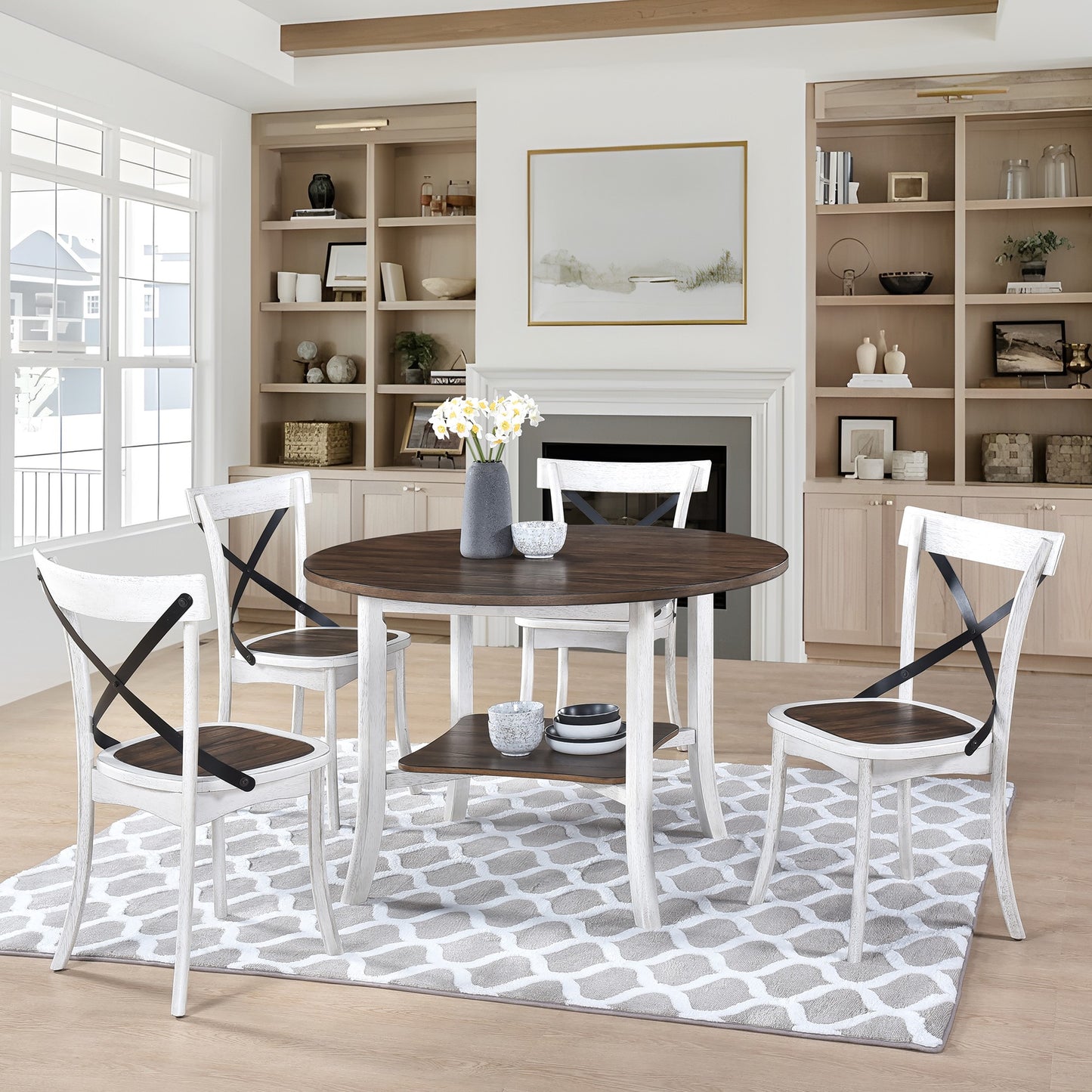 Round drop leaf dining table with distressed white legs and dark wood top