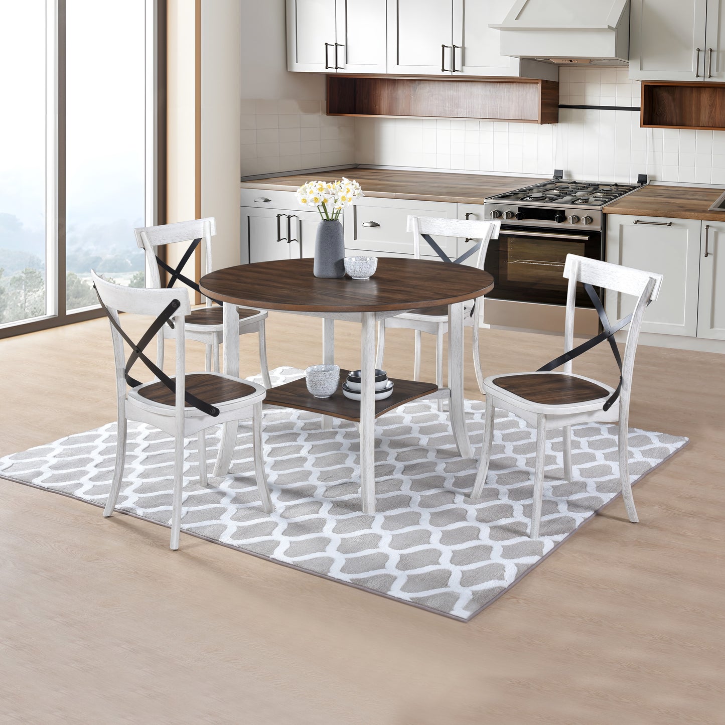 Rustic distressed white dining chairs with dark Xback detail and wood seat