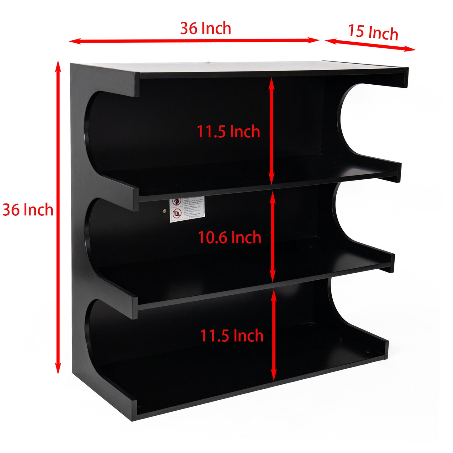 Black tier modern media console with curved sides and inch width