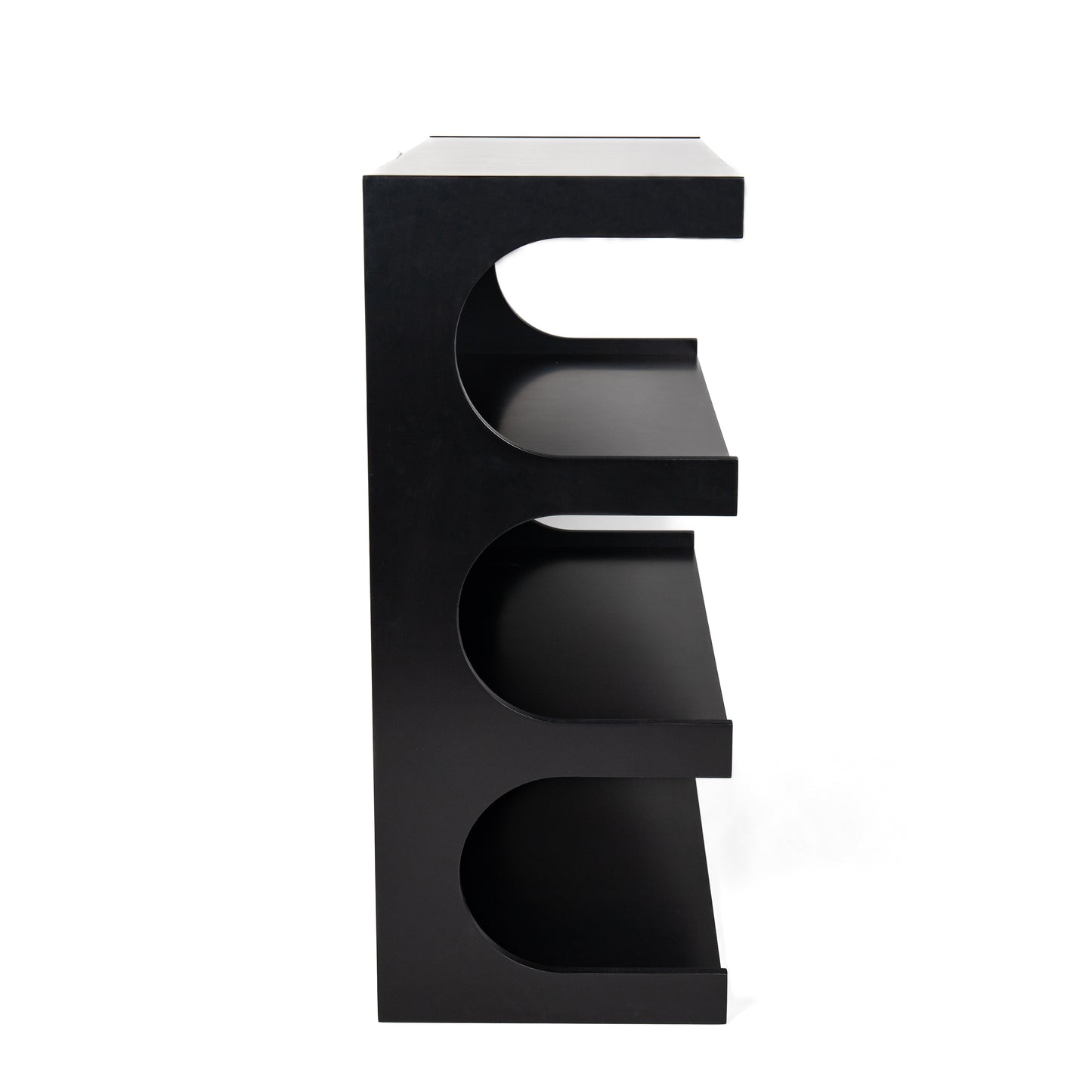 Black modern shelving unit with open curved sides
