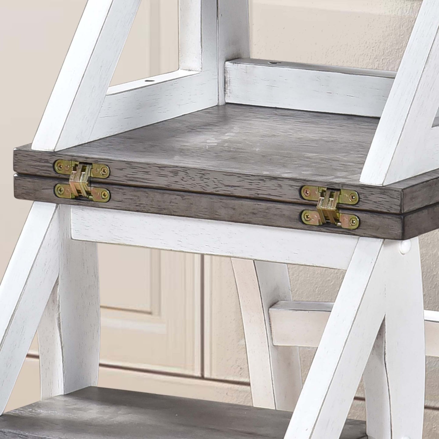 Distressed wood folding ladder shelf with brass hinges