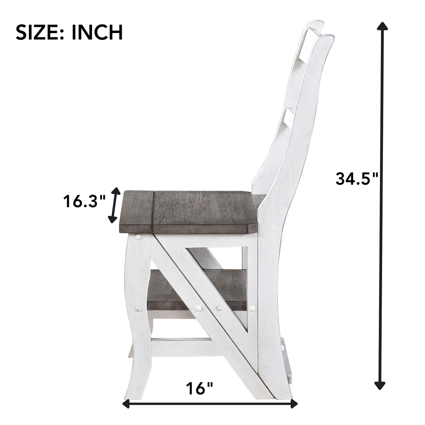 White distressed wood bar stool with gray seat W x D x H