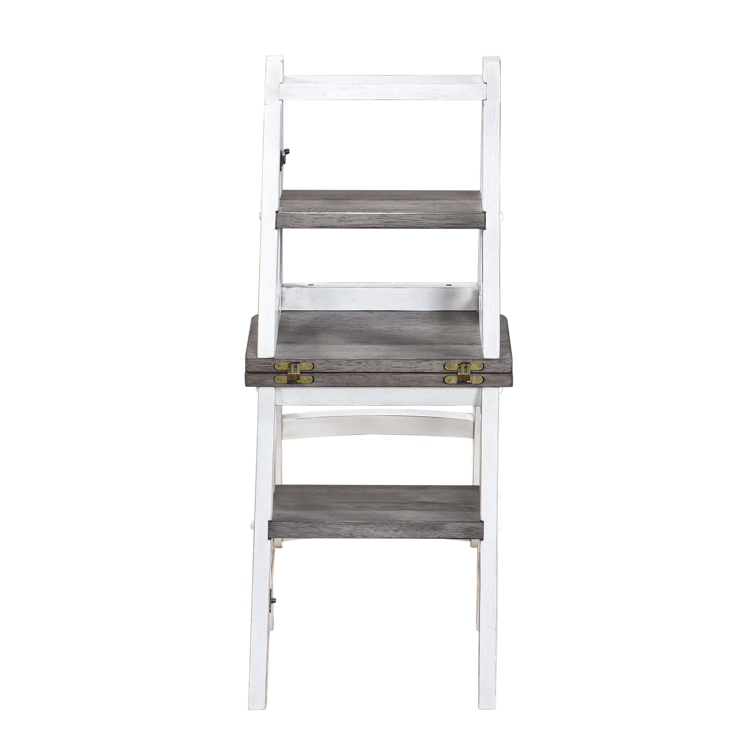 White and gray wooden step stool with three shelves