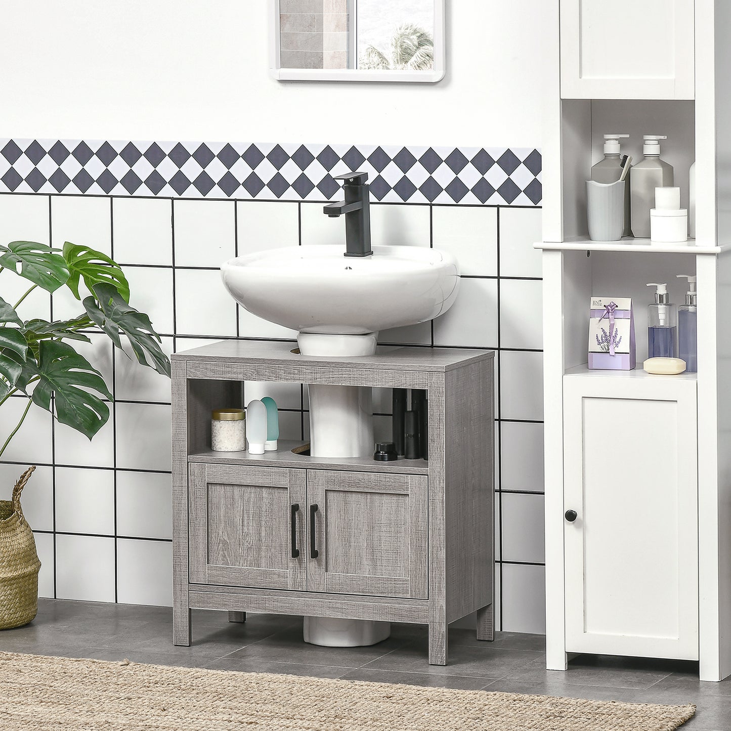 Gray wood bathroom vanity with white vessel sink and black faucet