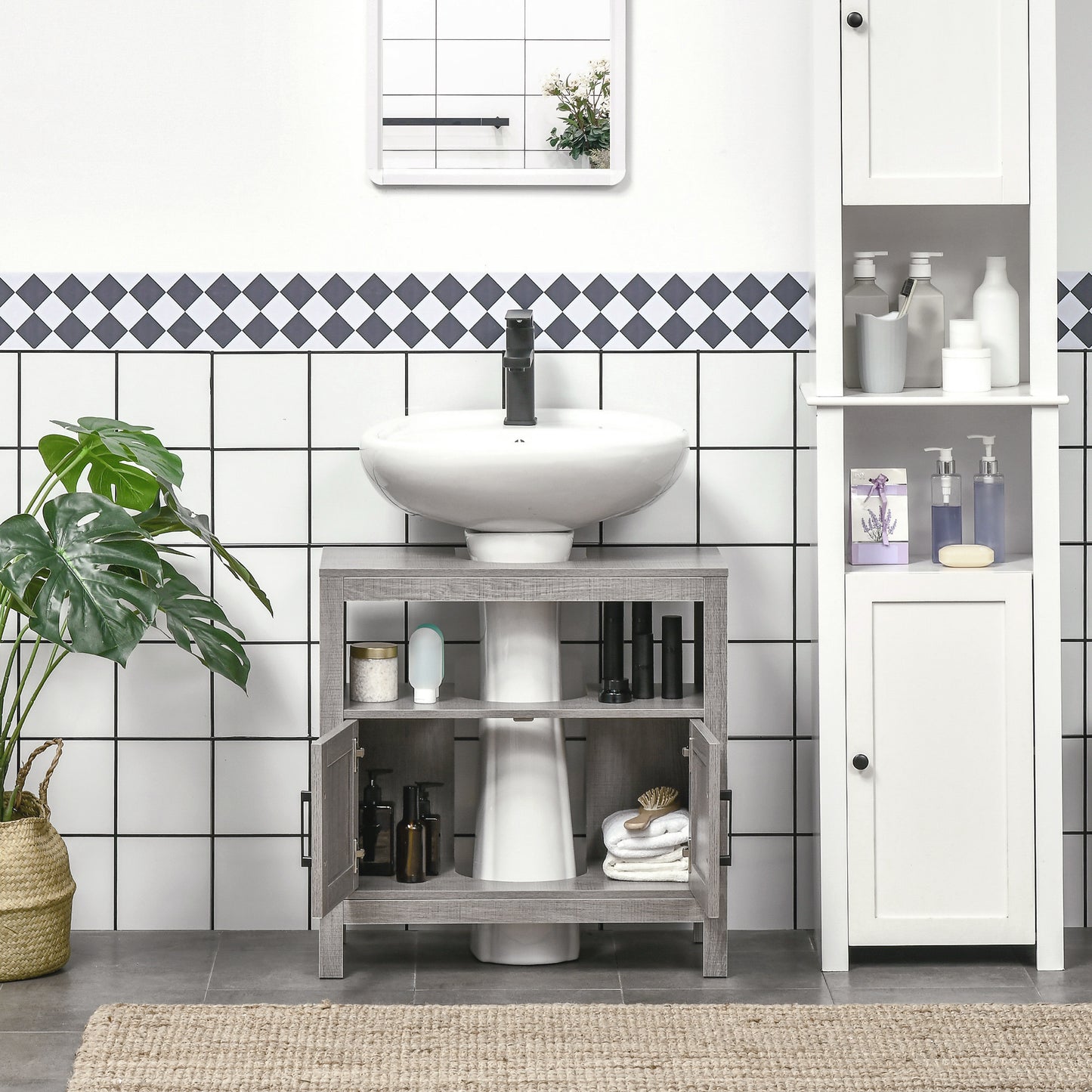 Gray wood vanity with white vessel sink and black faucet
