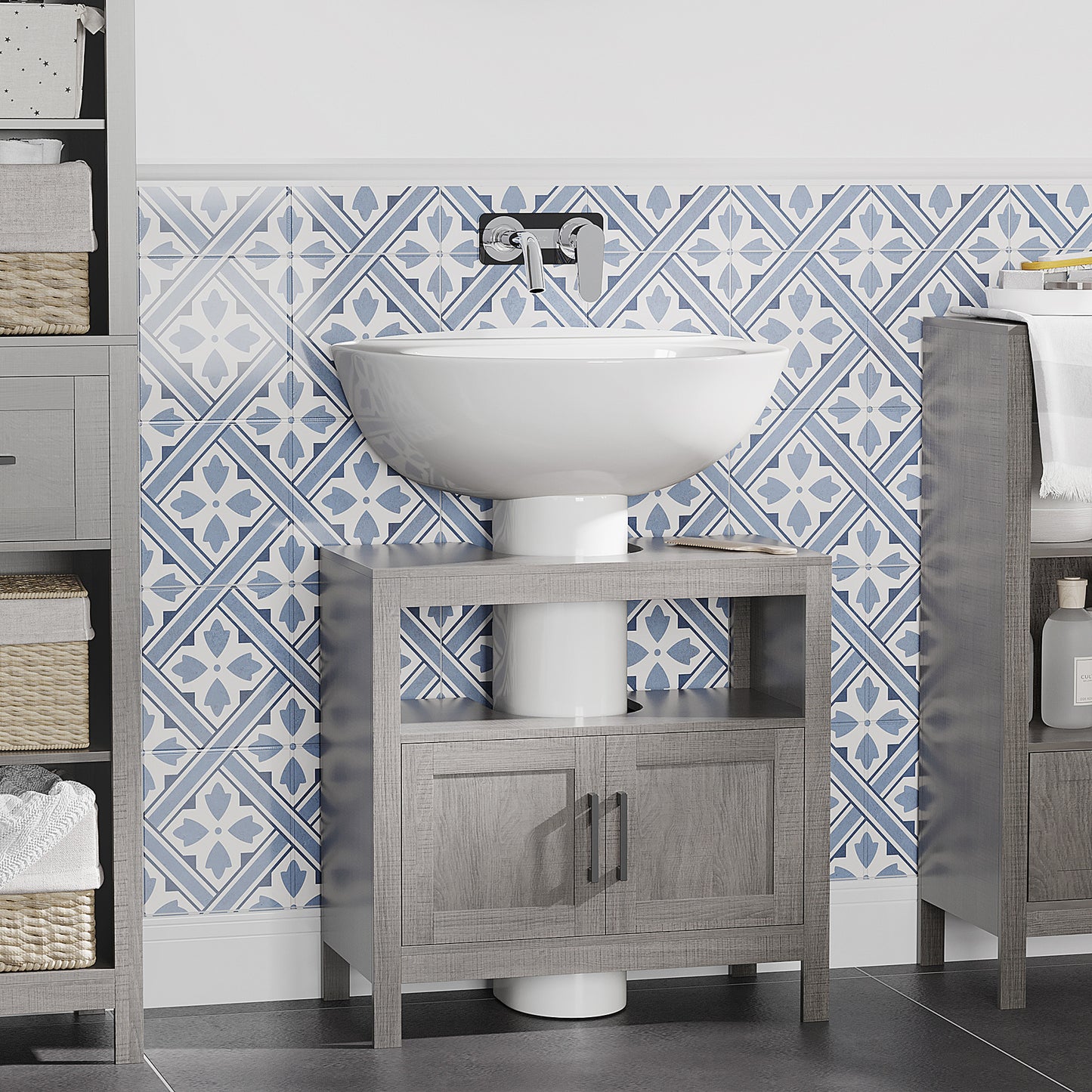 Gray wood bathroom vanity with open shelf and double doors below white vessel sink