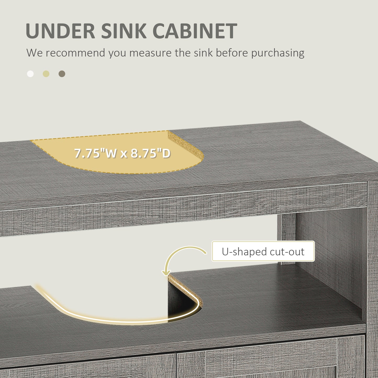Gray wood finish under sink cabinet with Ushaped cutout
