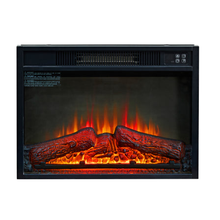 Black electric fireplace insert with realistic LED flame and log effect